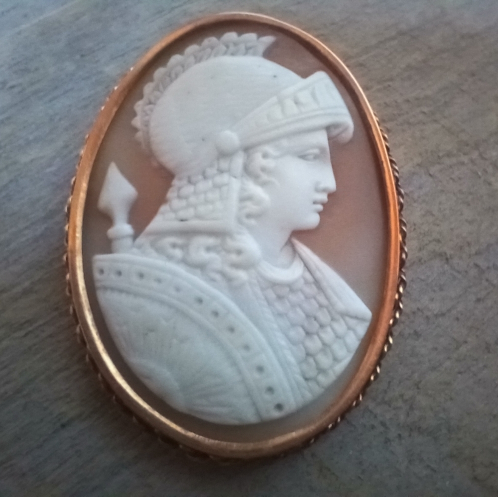 Antique Victorian Carved Shell Cameo 14K Rose Gold Brooch Roman Greek Warrior - Picture 2 of 16